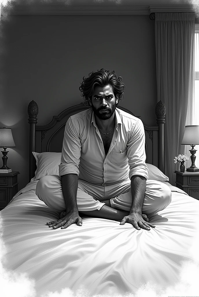 Indian rich man many 46 years old suddenly jump off his bed in fear after having a bad dream , he site in the side on the bed in full sweaty, he looks at the other side where his wife sleeps wide angle of the bedroom
Make a storyboard in black and white in 8 mages pannels for a movie