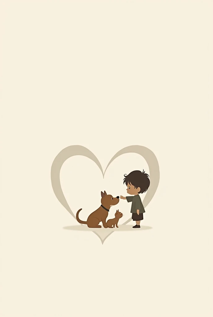 Within a white heart, the silhouette of a boy child touching a dog and a small cat for a single-color logo