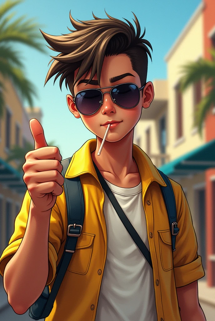 DRAW A 13 YEAR OLD BOY, HE IS CONFIDENT AND LIVES IN BRAZIL IN THE 80S, HE SPORTS A VERY COOL HAIR STYLE, COMBED BACK, AND WEARS AVIATOR SUNGLASSES, HE IS MAKING A SIMPLE THUMBS UP SIGN AND HAS A TOOTHPICK IN HIS MOUTH
