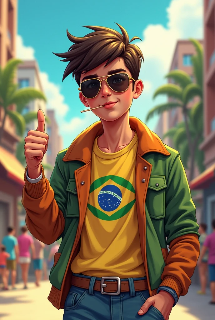 DRAW A 13 YEAR OLD BOY, HE IS CONFIDENT AND WEARS 80S CLOTHES IN BRAZIL, HE HAS HIS HAIR COMBED BACK AND WEARS AVIATOR SUNGLASSES, HE IS MAKING A SIMPLE THUMBS UP SIGN AND HAS A TOOTHPICK IN HIS MOUTH