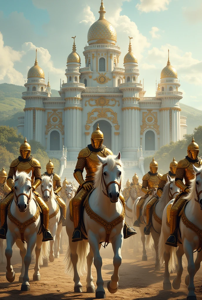 white and gold castle horsemen in bronze armor. white steeds.