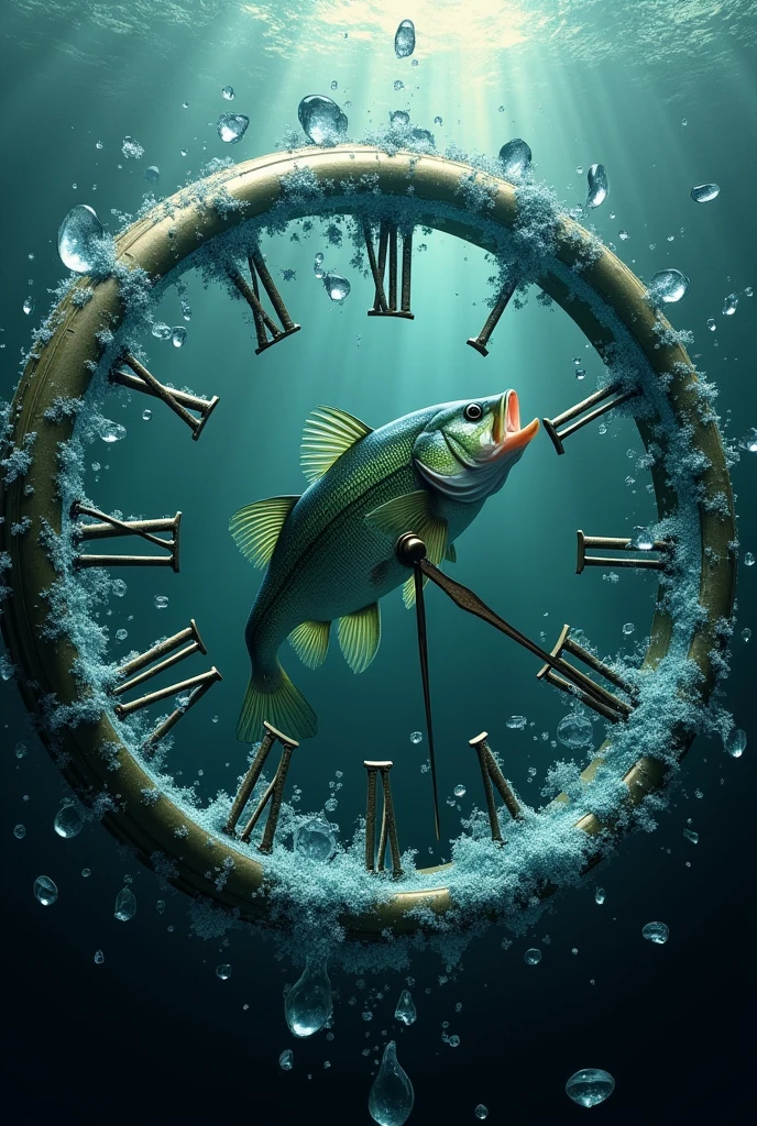 I need a clock set to 5:00 that’s shattered with a bass swimming through the clock underwater