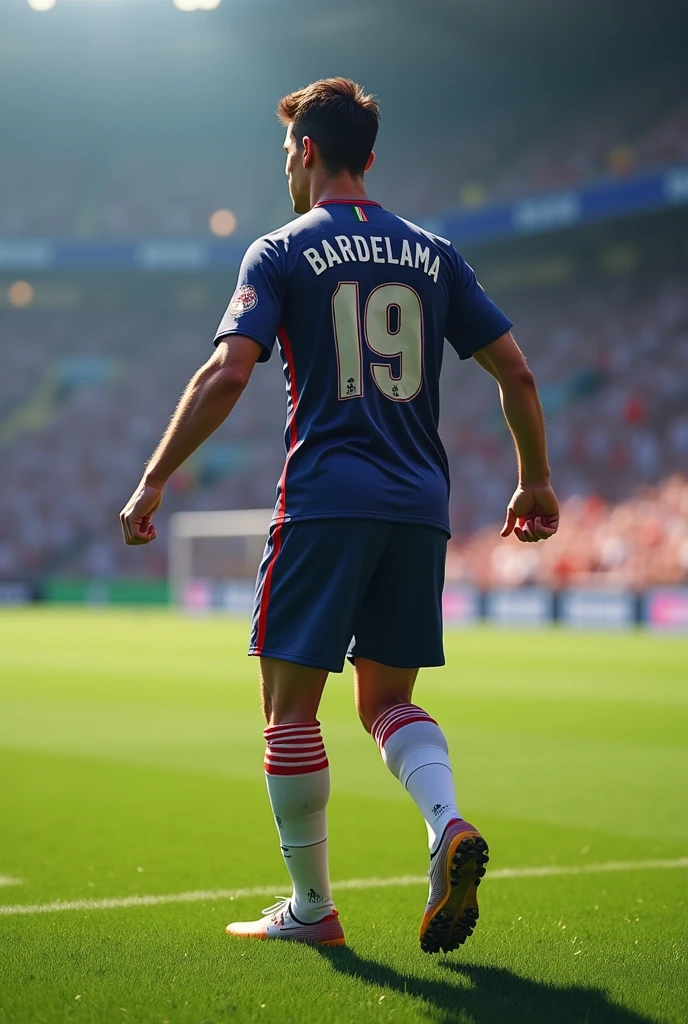 Un joueur de foot de dos avec un maillot de l'ol qui fait la celebration de cr7 avec les cheveux brun sur le maillot le nom est Bardelama et le numero 69
