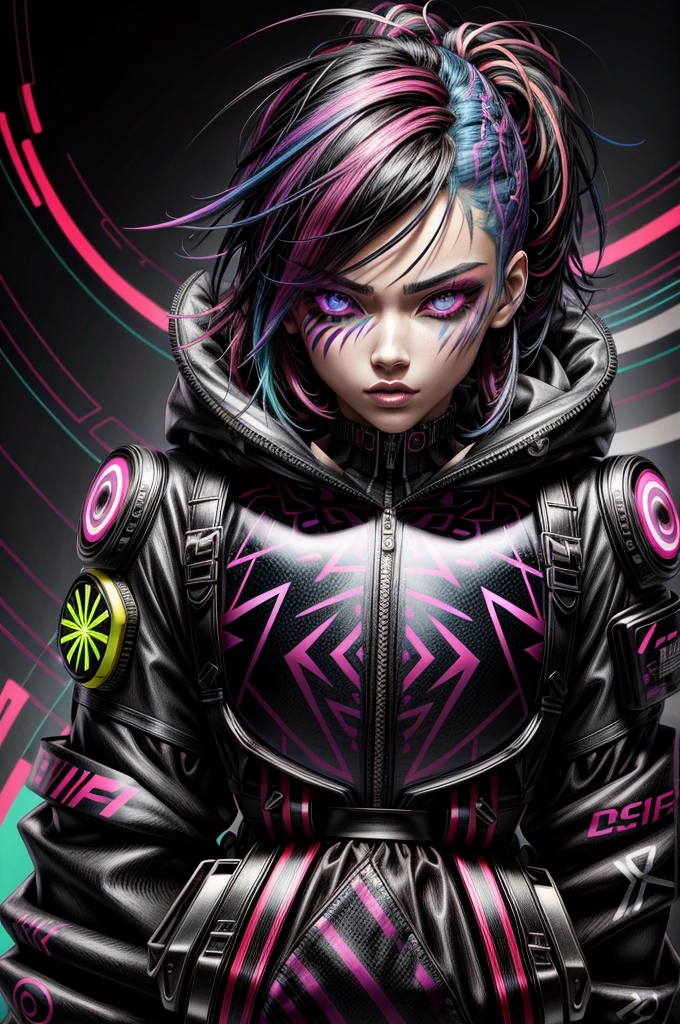 "Anime-style character portrait, vibrant neon color palette, cyberpunk aesthetics, glitch effects on the face, intense eyes with multicolored lights, detailed facial features, futuristic and stylized design, high contrast between bright colors and dark shadows, intricate patterns on the skin, sleek and modern art style, highly detailed and vibrant background --ar 4:5"