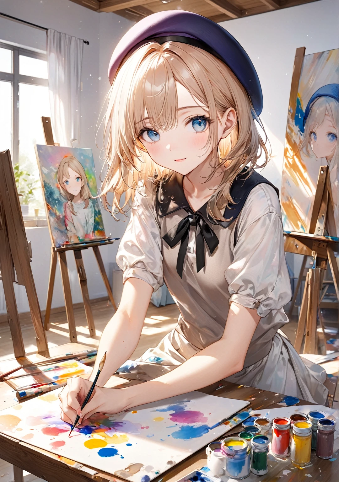 (Highest quality,8k,32K,masterpiece,Ultra-high resolution :1.2 ),born,One person,Super cute,Natural light,Clear, shining eyes,20-year-old,Fair skin,Drawing a picture,canvas,My clothes are stained with paint,beret,In underwear,Painting class background