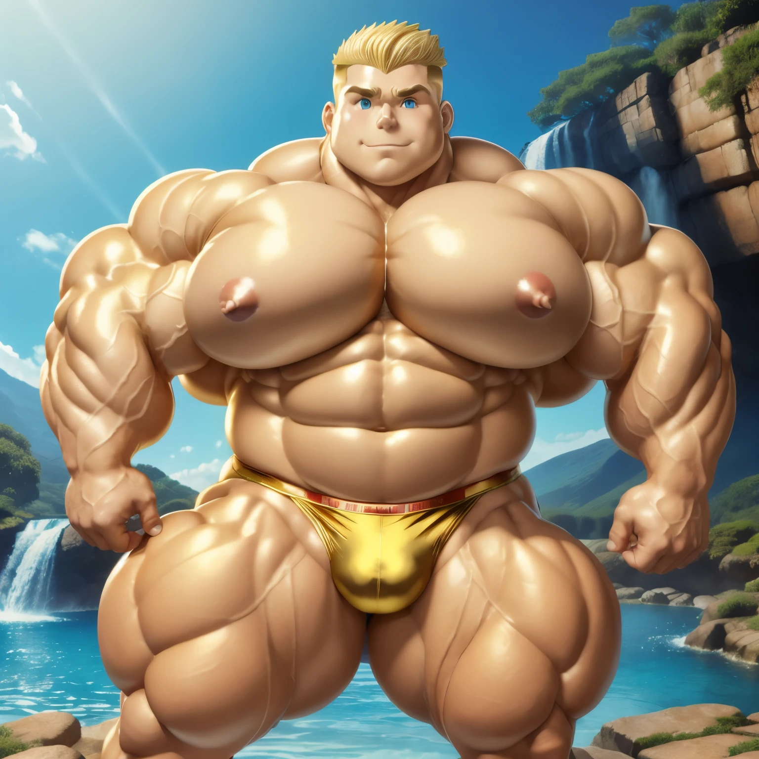 full body view, one white european male bodybuilder flexing his massive big bulbous over-inflated triple-biceps. Handsome with blonde undercut clean shaved haircut . extremely over-blated and over-inflated bodybuilded. One arm raised flexing incredibly over-inflated triple-biceps bigger than his head. Posing in front of a waterfall. Broad well developed wide shoulders and absurdly over-inflated over-bloated round pecs Well defined abs. Thick muscular legs. Wearing only shiny glittering golden briefs and golden socks. golden socks are visibl