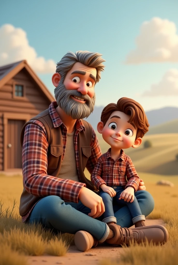 3D cartoon image of a country father and son sitting wearing a plaid shirt