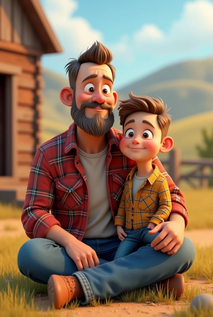 3D cartoon image of a country father and son sitting wearing a plaid shirt