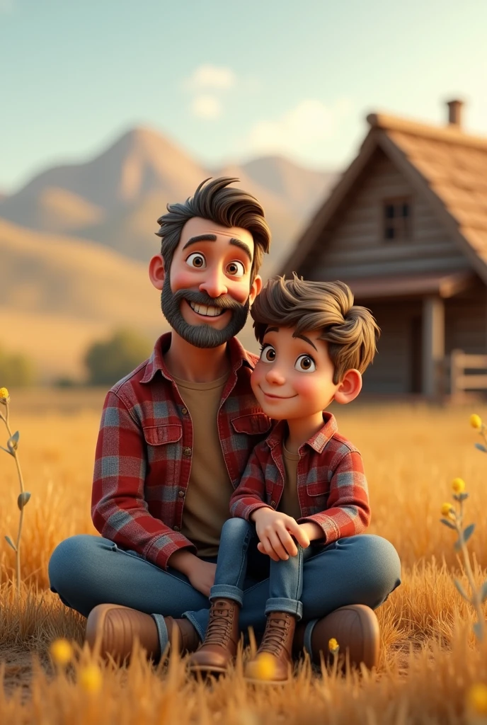 3D cartoon image of a country father and son sitting wearing a plaid shirt