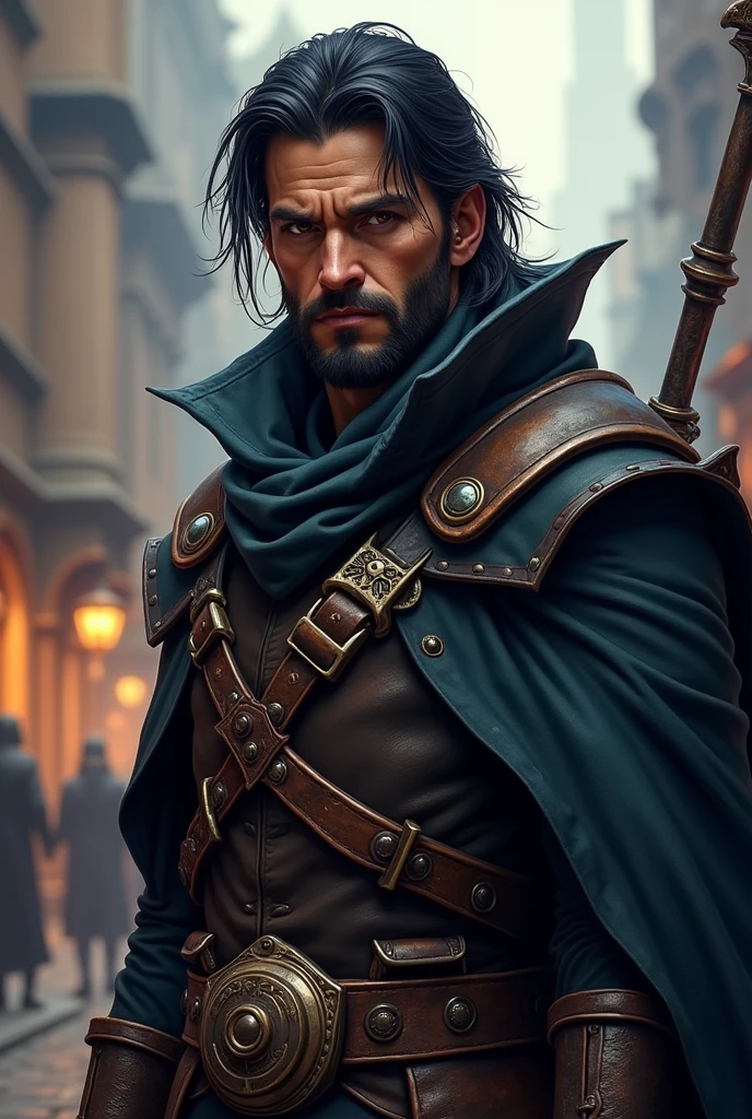 1 white rogue, 1 man, fantasy rogue, black hair, world of warcraft, frazetta style, streets of stormwind, bright, with tan skin, dark eyes, looking at the viewer, upper body, megazine cover, shogum