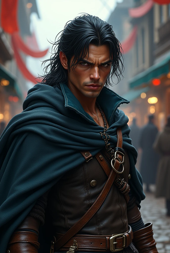 1 white rogue, 1 man, fantasy rogue, black hair, world of warcraft, frazetta style, streets of stormwind, bright, with tan skin, dark eyes, looking at the viewer, upper body, megazine cover, shogum