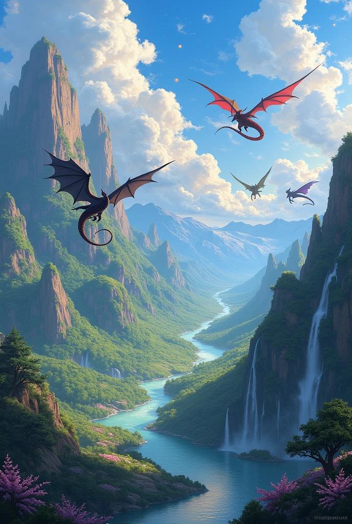 A magical landscape with dragons and a Pokémon 