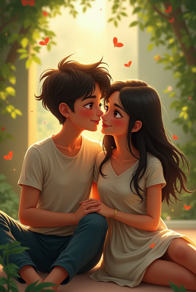 A boy named "Rohit" Is sitting with his girlfriend named " Swastika". Generate a couple picture with their names
