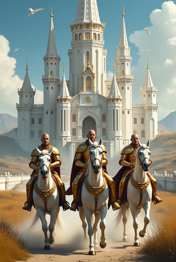 white and gold castle horsemen in bronze armor. white steeds.