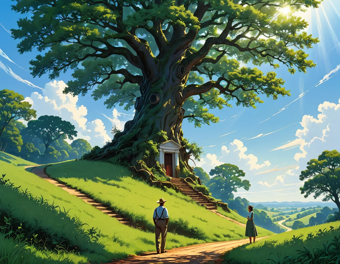 Ellys Boyd Redding (Morgan Freeman in the movie The Shawshank Redemption) stands under a large tree, smiling gently, holding an open white metal case, and looking sideways at the horizon. The sky is clear blue, and the leaves of the tree sway gently in the breeze. The tree is on a hill that slopes gently down to reveal a lush green meadow that stretches across the entire region, interrupted only by a winding road that passes below on the right, centered, symmetry, painted, intricate, volumetric lighting, beautiful, rich and deep colors masterpiece, sharp focus, ultra-detailed, in the style of Dan Mumford and Marc Simonetti, beautiful composition