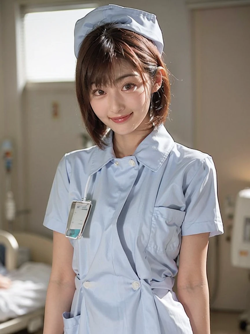 woman, alone, (Wearing white nurse clothes:1.2), (Bobcut), Shortcuts,bangs, Black Hair, nurse, Perfect Anatomy, nurse uniform, (Nurse cap), (White costume), Long skirt, hospital, Face close-up、smile