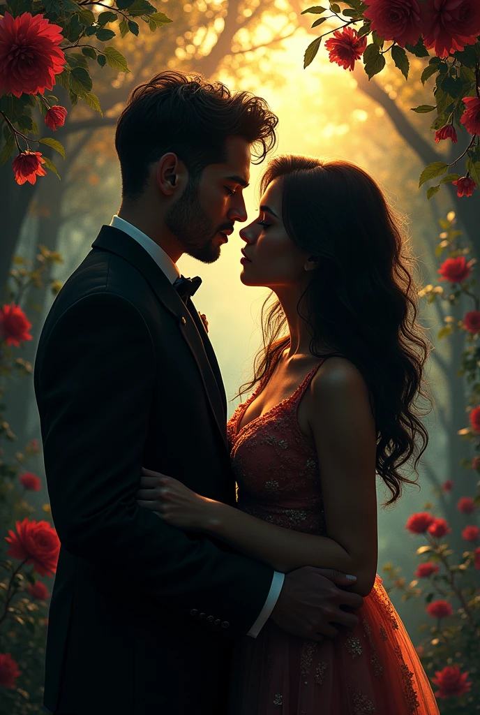 silhouettes, teenagers, poor and brown detailed beautiful woman, rich handsome man, enemies of lovers, romantic and chaotic scenery, teenage romance, dramatic lighting, cinematic, oil painting, vibrant colors, chiaroscuro, detailed facial features, emotive expressions , stylish clothes, lush environment, moody atmosphere, (best quality, 4k, 8k, high resolution, masterpiece: 1.2), ultra-detailed, (realistic, photorealistic, photorealistic: 1.37)