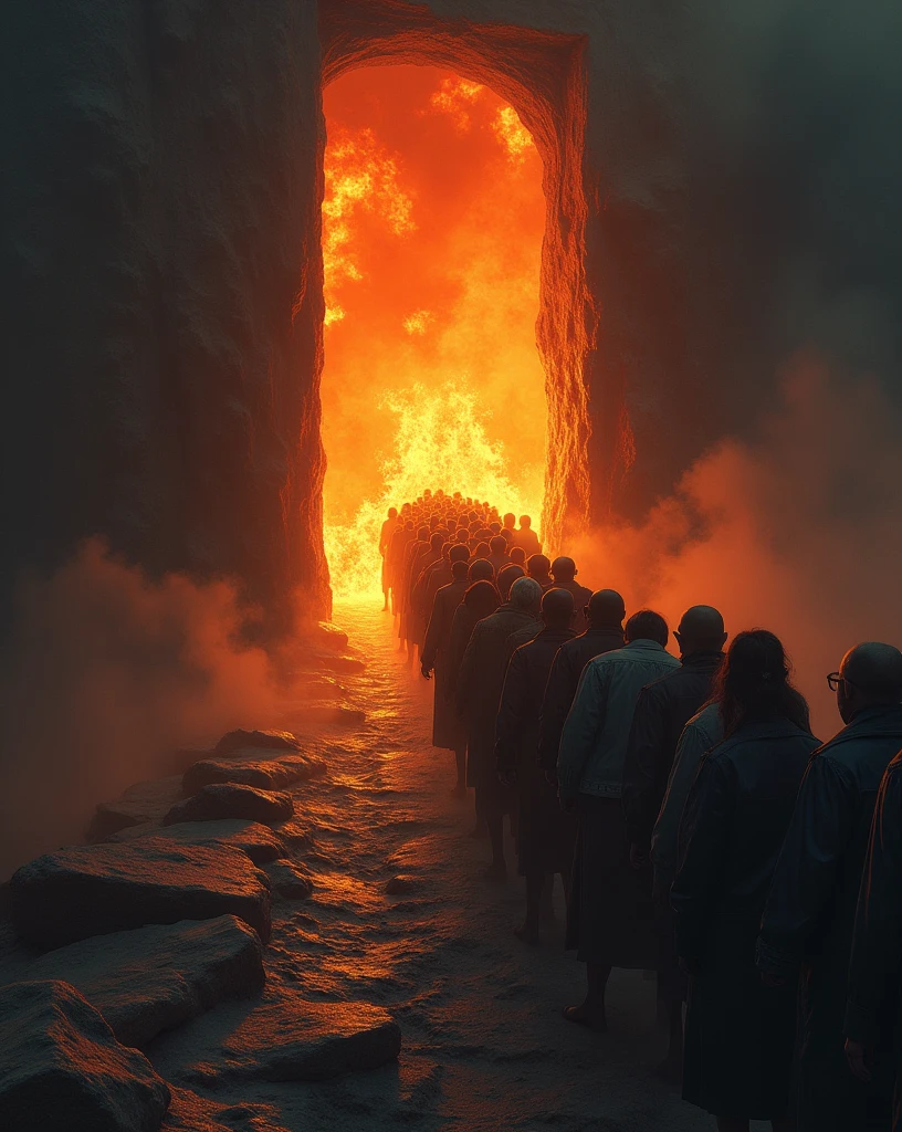 create a queue where it shows a queue of people entering a door filled with flames. the door represents hell.