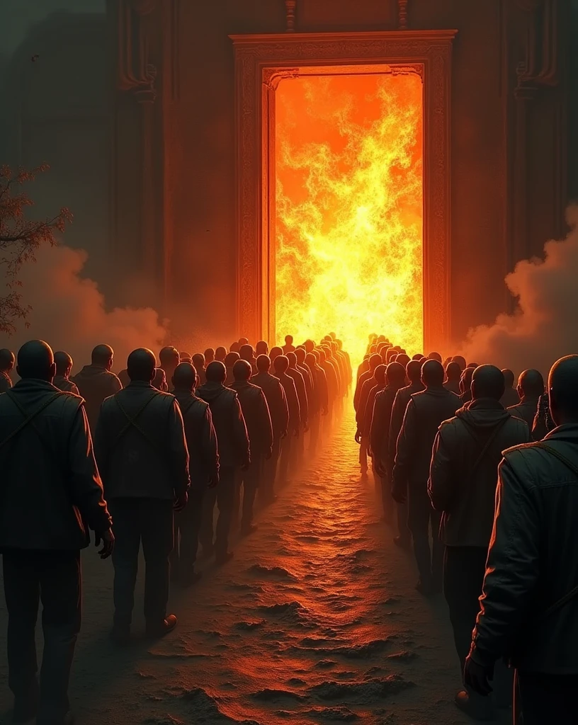 create a queue where it shows a queue of people entering a door filled with flames. the door represents hell.