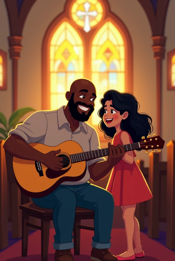 a black man, Fat bald guy playing guitar with his 17 year old daughter, Dark skin and medium wavy hair, also playing the guitar, cartoon style. They are sitting in the church.