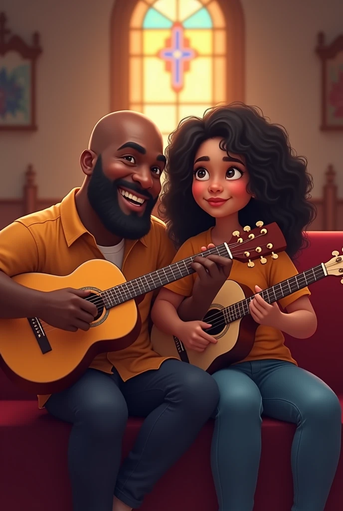a black man, Fat bald guy playing guitar with his 17 year old daughter, Dark skin and medium wavy hair, also playing the guitar, cartoon style. They are sitting in the church.
