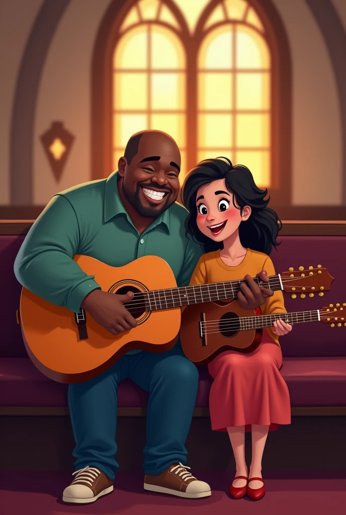 a black man, Fat bald guy playing guitar with his daughter, Dark skin and medium wavy hair, also playing the guitar, cartoon style. They are sitting in the church.