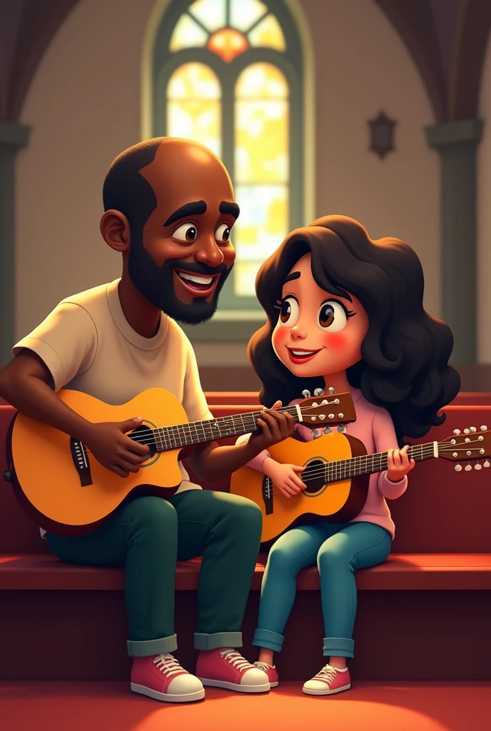 a black man, Fat bald guy playing guitar with his 17 year old daughter, Dark skin and medium wavy hair, also playing the guitar, cartoon style. They are sitting in the church.
