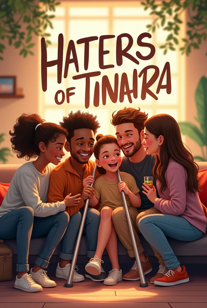 Several friends gathered together and happy, one friend is on crutches and the rest are looking forward smiling., with a big written message : Haters of Tainara.