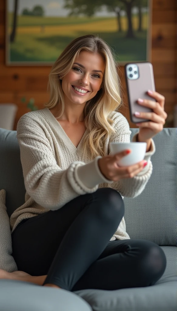 A smiling, sexy 30-year-old American woman with blonde hair and a well-toned physique is taking a selfie while sitting comfortably on a gray couch in a cozy living room. Behind her is a wooden wall featuring a large painting of a pastoral landscape. She is dressed in form-fitting leggings and an oversized top, which complements her relaxed posture as she crosses one leg over the other. She is holding a coffee cup in one hand and using her phone to take the photo with the other. The scene is well-lit with natural light highlighting her features and creating a warm, inviting atmosphere. She is giving a captivating look towards the camera, and the photograph is clear and focused, capturing her genuine expression and the cozy setting without any distortion or quality issues. (worst quality, low quality, normal quality, low resolution, low details, oversaturated, undersaturated, overexposed, underexposed, grayscale, black and white, bad photo, bad photography, bad art:1.4), (watermark, signature, text font, username, error, logo, words, letters, digits, autograph, trademark, name:1.2), (blur, blurry, grainy), morbid, ugly, asymmetrical, mutated, malformed, mutilated, poorly lit, bad shadow, draft, cropped, out of frame, cut off, censored, jpeg artifacts, out of focus, glitch, duplicate, (airbrushed, cartoon, anime, semi-realistic, CGI, render, blender, digital art, manga, amateur:1.3), (3D, 3D Game, 3D Game Scene, 3D Character:1.1), (bad hands, bad anatomy, bad body, bad face, bad teeth, bad arms, bad legs, deformities:1.3)