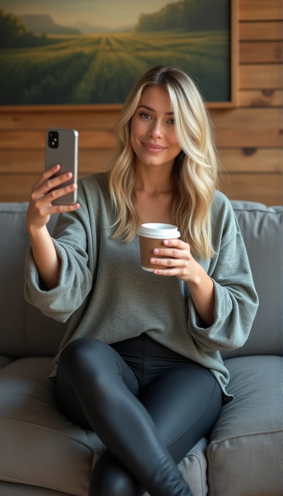 A smiling, sexy 30-year-old American woman with blonde hair and a well-toned physique is taking a selfie while sitting comfortably on a gray couch in a cozy living room. Behind her is a wooden wall featuring a large painting of a pastoral landscape. She is dressed in form-fitting leggings and an oversized top, which complements her relaxed posture as she crosses one leg over the other. She is holding a coffee cup in one hand and using her phone to take the photo with the other. The scene is well-lit with natural light highlighting her features and creating a warm, inviting atmosphere. She is giving a captivating look towards the camera, and the photograph is clear and focused, capturing her genuine expression and the cozy setting without any distortion or quality issues. (worst quality, low quality, normal quality, low resolution, low details, oversaturated, undersaturated, overexposed, underexposed, grayscale, black and white, bad photo, bad photography, bad art:1.4), (watermark, signature, text font, username, error, logo, words, letters, digits, autograph, trademark, name:1.2), (blur, blurry, grainy), morbid, ugly, asymmetrical, mutated, malformed, mutilated, poorly lit, bad shadow, draft, cropped, out of frame, cut off, censored, jpeg artifacts, out of focus, glitch, duplicate, (airbrushed, cartoon, anime, semi-realistic, CGI, render, blender, digital art, manga, amateur:1.3), (3D, 3D Game, 3D Game Scene, 3D Character:1.1), (bad hands, bad anatomy, bad body, bad face, bad teeth, bad arms, bad legs, deformities:1.3)