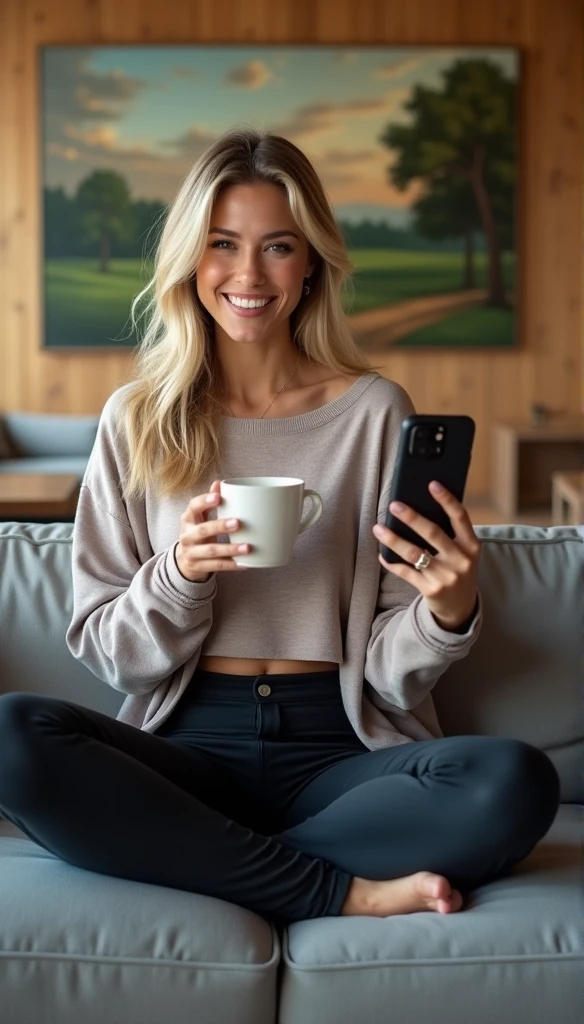 A smiling, sexy 30-year-old American woman with blonde hair and a well-toned physique is taking a selfie while sitting comfortably on a gray couch in a cozy living room. Behind her is a wooden wall featuring a large painting of a pastoral landscape. She is dressed in form-fitting leggings and an oversized top, which complements her relaxed posture as she crosses one leg over the other. She is holding a coffee cup in one hand and using her phone to take the photo with the other. The scene is well-lit with natural light highlighting her features and creating a warm, inviting atmosphere. She is giving a captivating look towards the camera, and the photograph is clear and focused, capturing her genuine expression and the cozy setting without any distortion or quality issues. (worst quality, low quality, normal quality, low resolution, low details, oversaturated, undersaturated, overexposed, underexposed, grayscale, black and white, bad photo, bad photography, bad art:1.4), (watermark, signature, text font, username, error, logo, words, letters, digits, autograph, trademark, name:1.2), (blur, blurry, grainy), morbid, ugly, asymmetrical, mutated, malformed, mutilated, poorly lit, bad shadow, draft, cropped, out of frame, cut off, censored, jpeg artifacts, out of focus, glitch, duplicate, (airbrushed, cartoon, anime, semi-realistic, CGI, render, blender, digital art, manga, amateur:1.3), (3D, 3D Game, 3D Game Scene, 3D Character:1.1), (bad hands, bad anatomy, bad body, bad face, bad teeth, bad arms, bad legs, deformities:1.3)