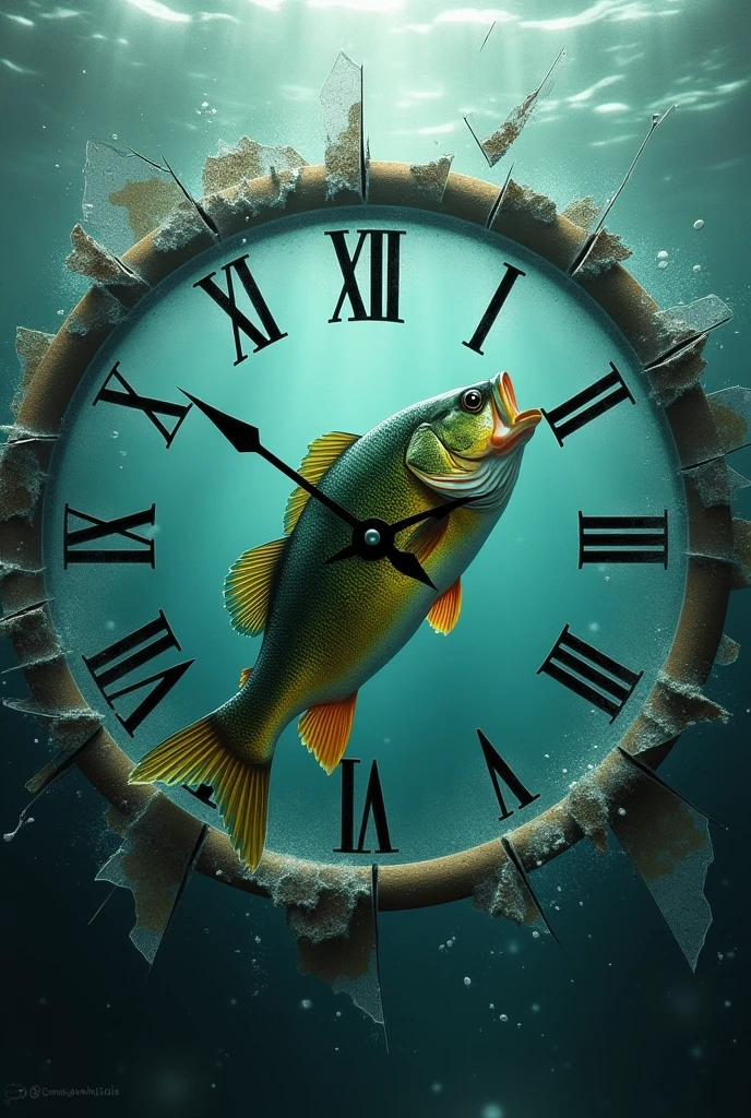I need a clock set to 5:00 PM that’s shattered with a bass swimming through the clock underwater