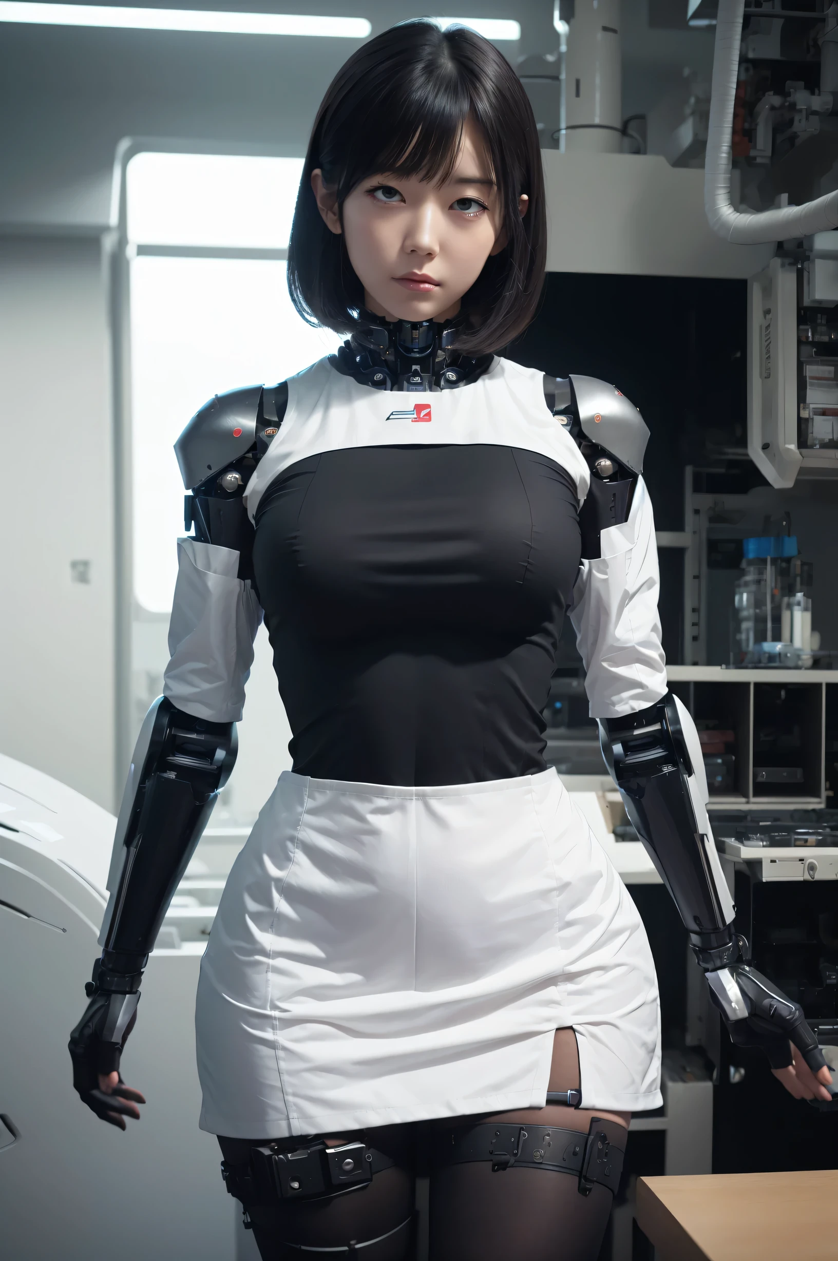 masterpiece, best quality, extremely detailed, (8K, 4K, Best Quality, hight resolution, 超A high resolution:1.1), (masutepiece, Realistic, Photorealsitic:1.1),8k portrait, Japaese android Girl,Plump , dark black leg cover,announcer,control panels,android,Droid,Mechanical Hand, Robot arms and legs, Black Robot Parts,Black hair,Mechanical body,Blunt bangs,perfect mechanical abdomen,White robotics parts,perfect robot woman,future laboratory,cyber pank,charging spot,laboratory,long tube,thick cable connected her neck,white ceramic body ,perfect mechanical body, white robot body,lod antenna,mechanical ear cover,android,robot humanoid,black sponge joints,The removable cover is in the groin,The connection port is in the groin,opened chest panel,access panel on the chest,opened breast panel,perfect mechanical breast,perfect machine body,perfect android body,She has repaired,assembly plant,miniskirt,dark black tights,dark black leggings,rolling eyes