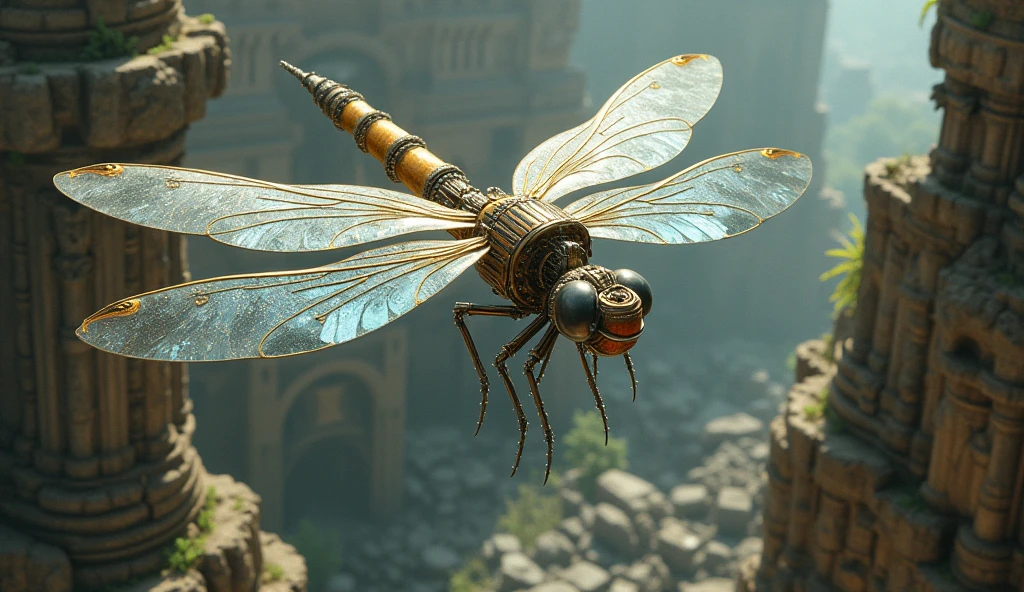 magic mechanical elegant dragonfly, ancient mechanism, fantasy art, ancient civilization, from above