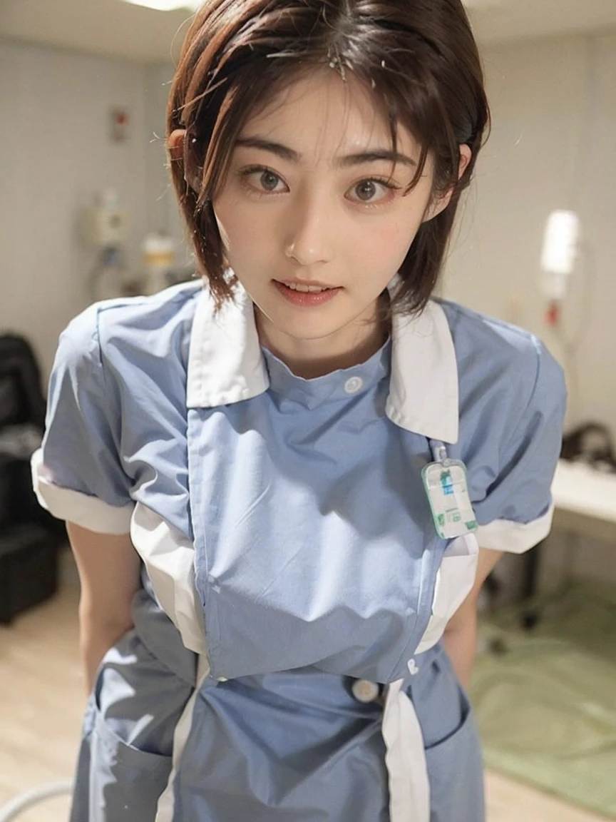 woman, alone, (Wearing white nurse clothes:1.2), (Bobcut), Shortcuts,bangs, Black Hair, nurse, Perfect Anatomy, nurse uniform, (Nurse cap), (White costume), Long skirt, hospital, Face close-up、