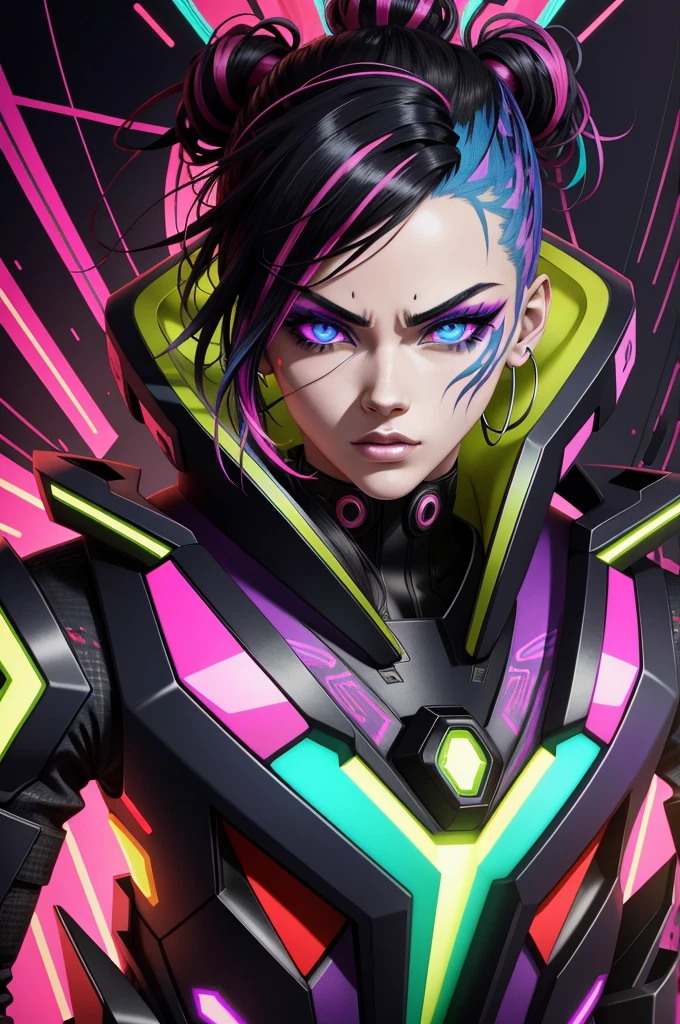 "Anime-style character portrait, vibrant neon color palette, cyberpunk aesthetics, glitch effects on the face, intense eyes with multicolored lights, detailed facial features, futuristic and stylized design, high contrast between bright colors and dark shadows, intricate patterns on the skin, sleek and modern art style, highly detailed and vibrant background --ar 4:5"