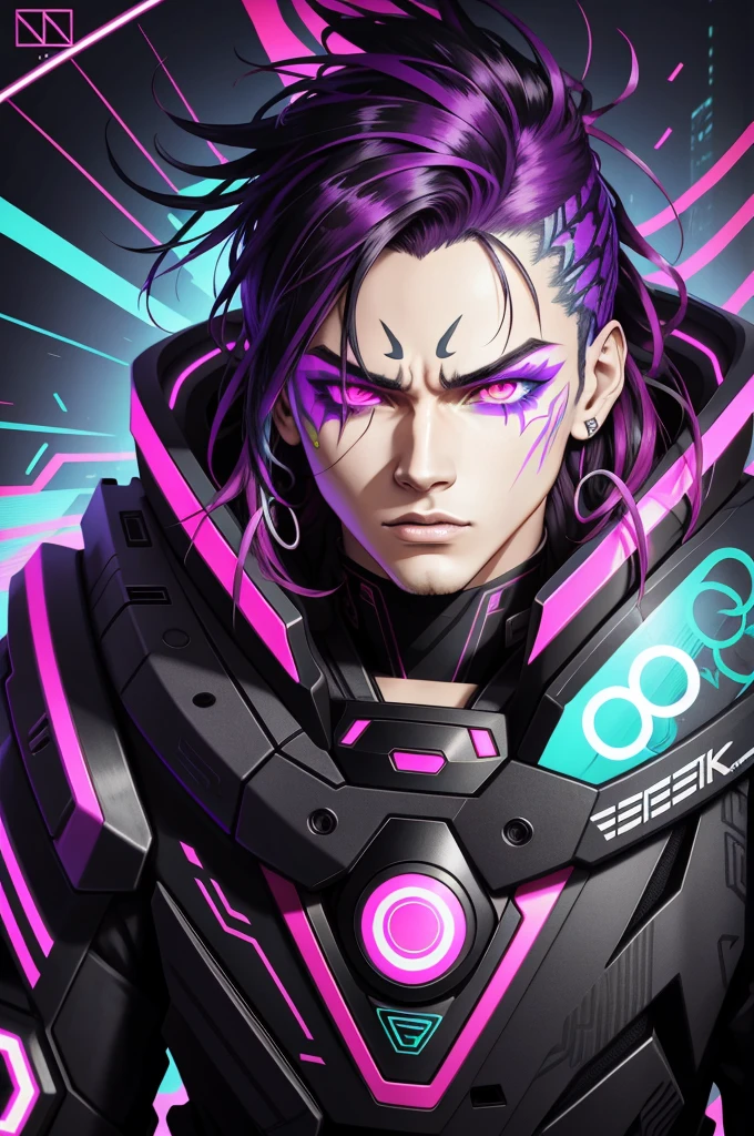 "Anime-style character portrait, vibrant neon color palette, cyberpunk aesthetics, glitch effects on the face, intense eyes with multicolored lights, detailed facial features, futuristic and stylized design, high contrast between bright colors and dark shadows, intricate patterns on the skin, sleek and modern art style, highly detailed and vibrant background --ar 4:5"