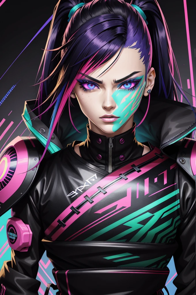 "Anime-style character portrait, vibrant neon color palette, cyberpunk aesthetics, glitch effects on the face, intense eyes with multicolored lights, detailed facial features, futuristic and stylized design, high contrast between bright colors and dark shadows, intricate patterns on the skin, sleek and modern art style, highly detailed and vibrant background --ar 4:5"