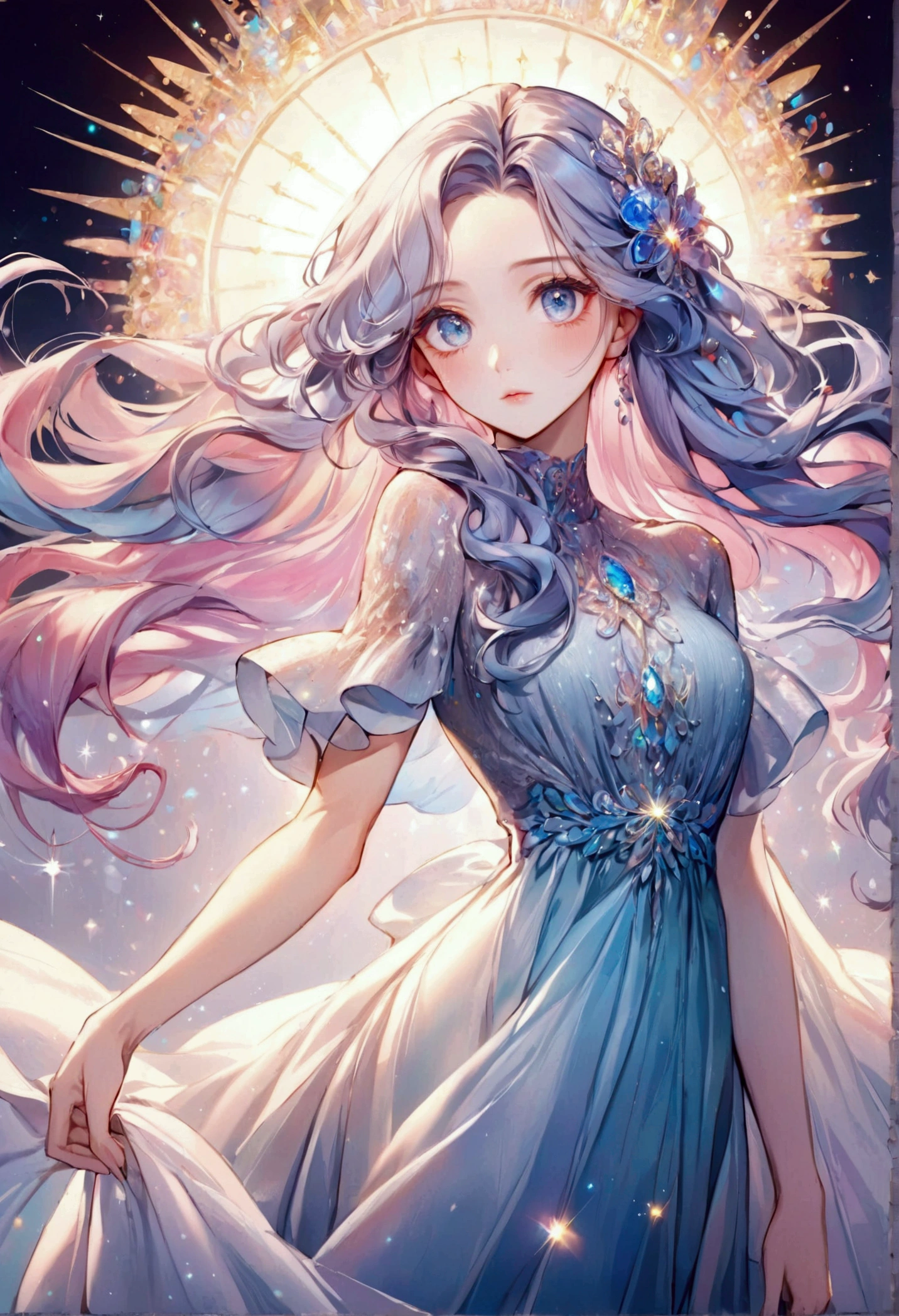 Very modestly but fashionably dress woman with stunningly beautiful face, fair skin, long flowy hair and sparkling eyes