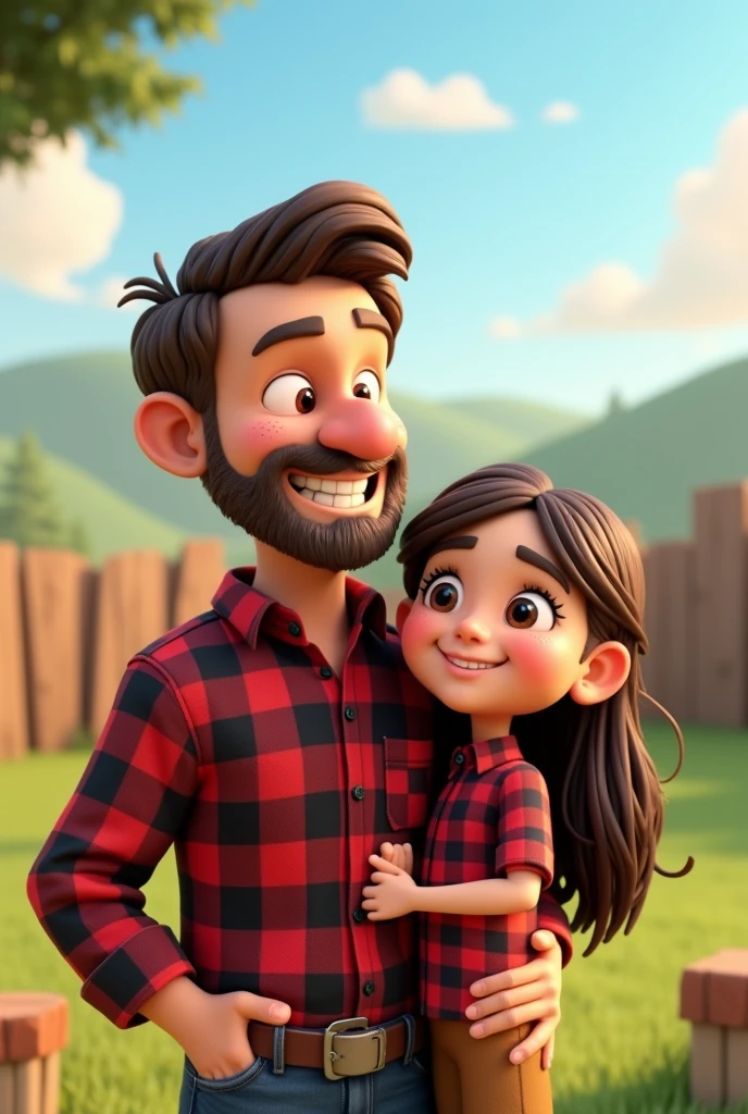 3D cartoon image of a country father and daughter sitting wearing plaid shirts