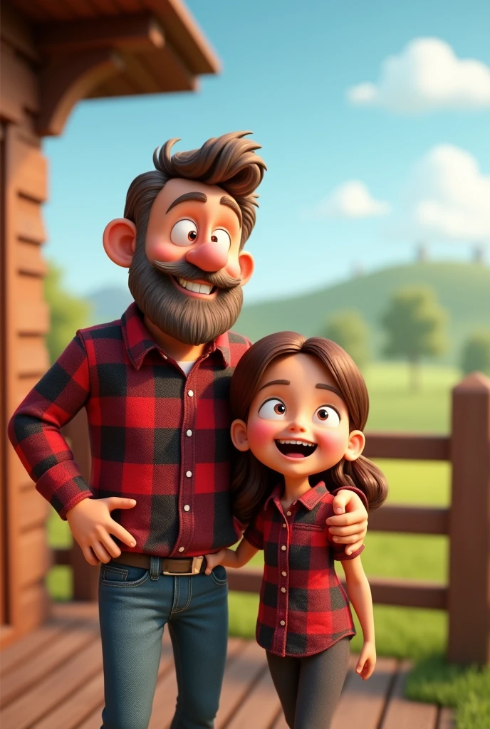 3D cartoon image of a country father and daughter sitting wearing plaid shirts