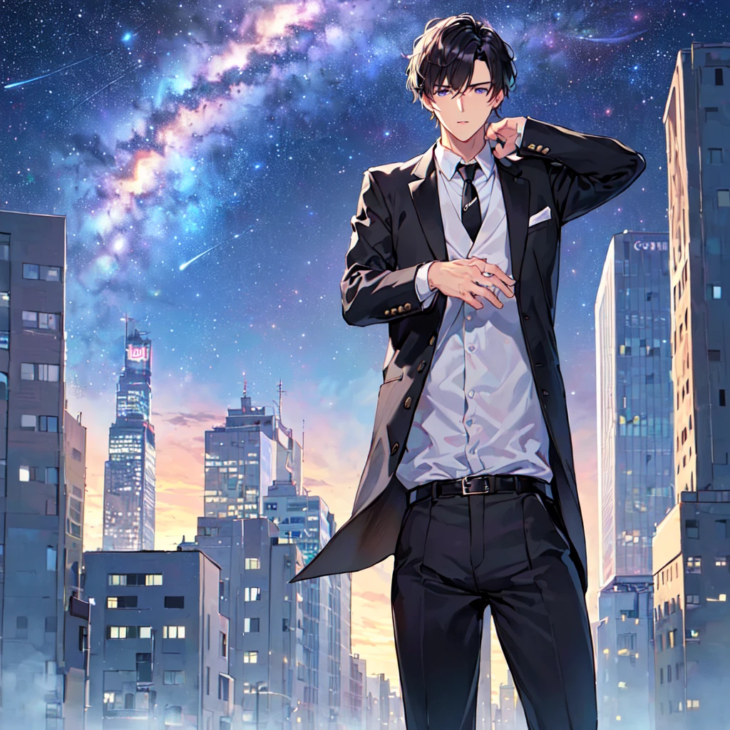 masterpiece,best quality,high quality,(1 male austere handsome solo adult age 30 years old:1.5), purple eyes, cool with suspended eyes, V-shaped eyebrows, body strong and fearless 8.5 head tall, height 185cm, (well-groomed black short hair down to neck:1.4), (bangs 7 thirds parted:1.4), slender nose, facial muscles, throat, (black suit and tie, pants: 1.3), (meeting someone: 1.3), (stylish pose), (cool expression: 1.3), (background city: 1.3), (Milky Way Night Sky: 1.3)