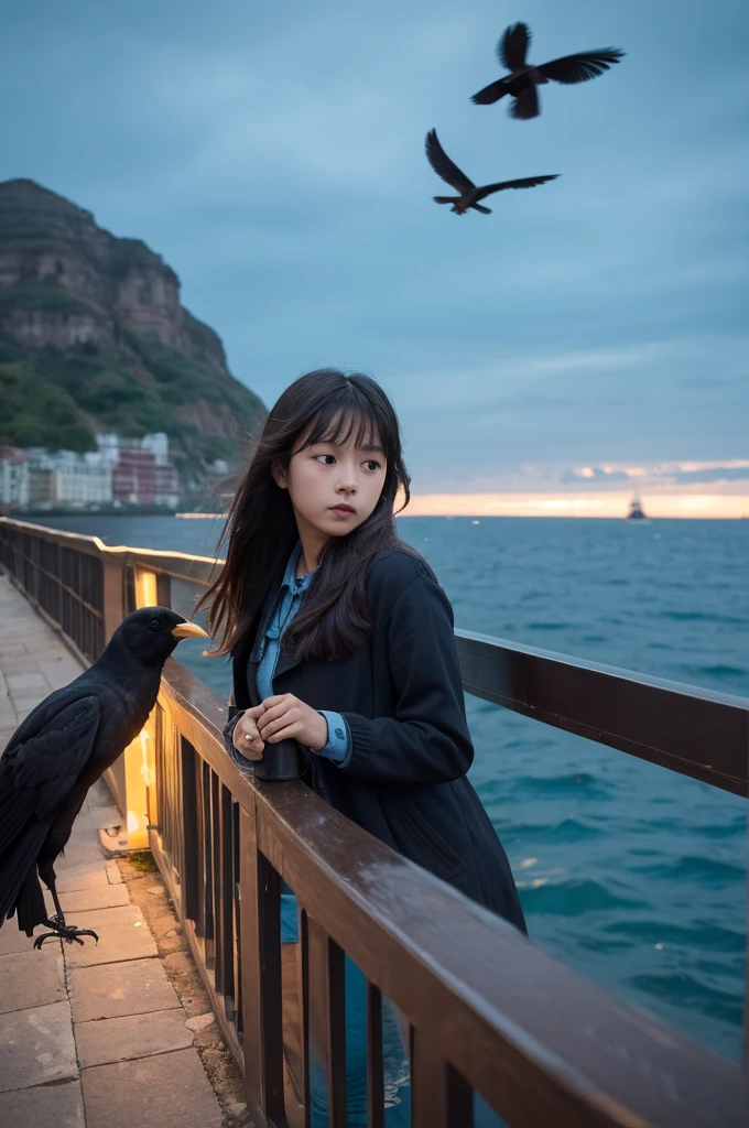 a girl sequencing the crow is flying deep sea.