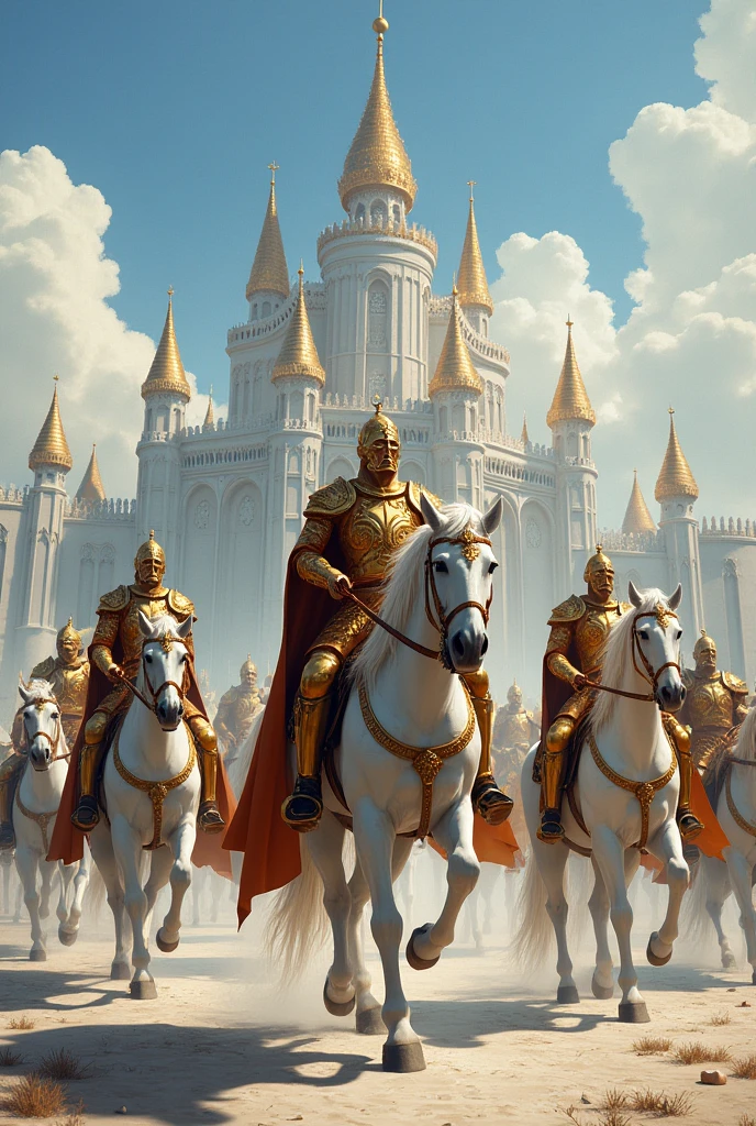 white and gold castle horsemen in bronze armor. white steeds.