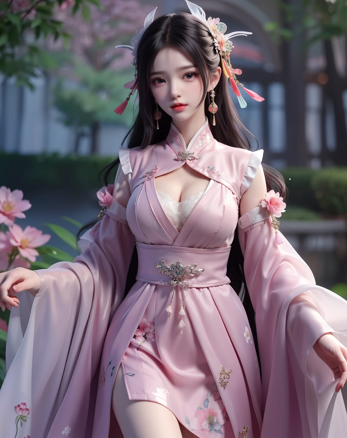 (8k, RAW photo:1.2), best quality, ultra high res,dramatic angle,(fluttered detailed color splashs), (illustration),(((1 girl))),(long hair),(rain:0.9), (Headdress:1.4),There is an ancient palace beside the girl,Hanfu,(Key Points),Color ink painting,(Splash of Color),Splash of Color,(((colorful))),(sketch:0.8) , Masterpiece, best quality, beautiful painted, highly detailed,(denoising:0.6),[splash ink],((ink refraction)), (beautiful detailed sky),moon,highly,detaild,(masterpiece, best quality, extremely detailed） CG Unity 8k Wallpaper，masterpiece，best quality，Ultra Detailed），（Lycoris）. hanfu open v open V-chested clothes Thin silk lace dress , (huge ，cleavage),, white pink and gren，best qualtiy，tmasterpiece，Ultra-high resolution，（Reality：1.4），RAW photogr，（True skin texture：1.3），（filmgrain：1.3），（Selfie angle），1个Giant Breast Girl，Beautiful eye and face details，tmasterpiece，Best quality at best，，The chest more exposed， detailed hair, bra purple and green , detail 8k, upper body, lace petticoat