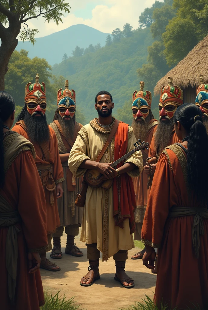 The bard (Black medieval man with short hair), tries to converse with the local natives (indigenous people wearing wooden masks)