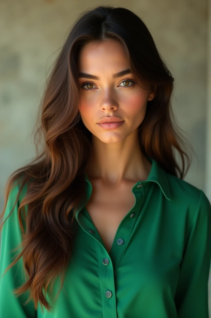 A light-skinned brunette woman wearing a green blouse