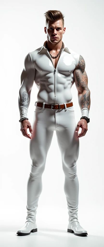 Fullbody standing picture of white skin Handsome muscular horny nude sexy gay man wearing tight skinny shiny white vinyl suit, shiny black Disconnected Pompadour oiled hair style, blue eyes, shiny brown varnished vinyl shoes, brown belt, red lip, chain, tattoos, horny, cum shot, sperm, milking penis, very big penis, very big testicle, shiny oiled skin, orgasm, oversexed, masturbation, standing at white lighting show room