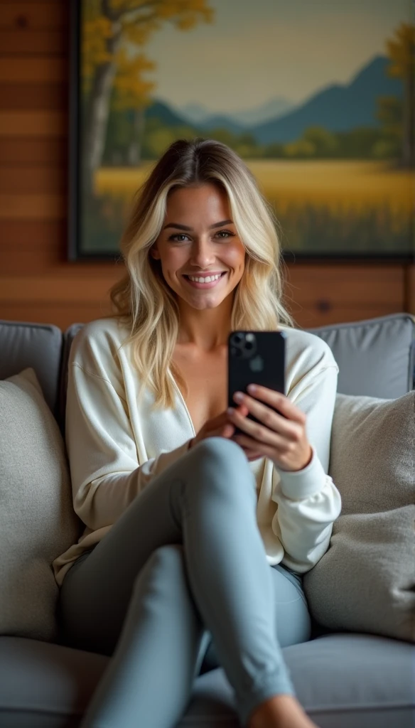 Elbette, işte elinde hiçbir şey olmadan güncellenmiş hali: A smiling, attractive 30-year-old American woman with blonde hair and a well-toned physique is taking a selfie while sitting comfortably on a gray couch in a cozy living room. Behind her is a wooden wall featuring a large painting of a pastoral landscape. She is dressed in form-fitting leggings and an oversized top, which complements her relaxed posture as she crosses one leg over the other. She is have big Breasts. The scene is well-lit with natural light highlighting her features and creating a warm, inviting atmosphere. She is giving a captivating look towards the camera, and the photograph is clear and focused, capturing her genuine expression and the cozy setting without any distortion or quality issues. (worst quality, low quality, normal quality, low resolution, low details, oversaturated, undersaturated, overexposed, underexposed, grayscale, black and white, bad photo, bad photography, bad art:1.4), (watermark, signature, text font, username, error, logo, words, letters, digits, autograph, trademark, name:1.2), (blur, blurry, grainy), morbid, ugly, asymmetrical, mutated, malformed, mutilated, poorly lit, bad shadow, draft, cropped, out of frame, cut off, censored, jpeg artifacts, out of focus, glitch, duplicate, (airbrushed, cartoon, anime, semi-realistic, CGI, render, blender, digital art, manga, amateur:1.3), (3D, 3D Game, 3D Game Scene, 3D Character:1.1), (bad hands, bad anatomy, bad body, bad face, bad teeth, bad arms, bad legs, deformities:1.3)
