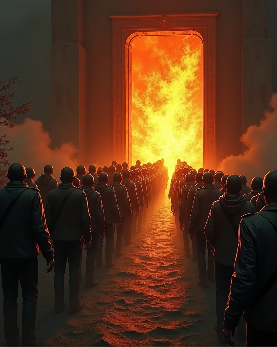create a queue where it shows a queue of people entering a door filled with flames. the door represents hell.